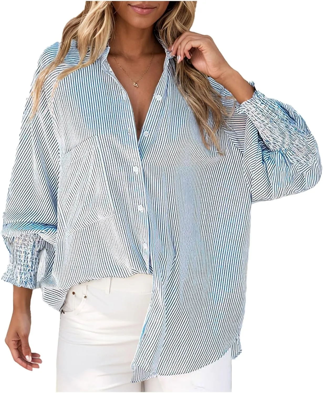 Elvessa Shirts, Stripe Blouse with Pockets - Womens Smocked Cuffed Striped Boyfriend Shirt, Button Down Tshirt Blouse