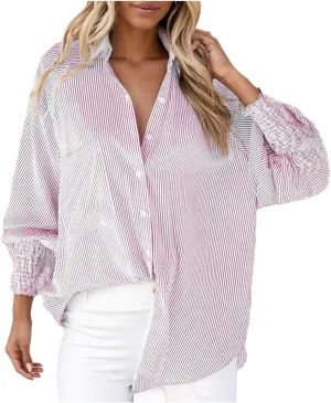 Elvessa Shirts, Stripe Blouse with Pockets - Womens Smocked Cuffed Striped Boyfriend Shirt, Button Down Tshirt Blouse
