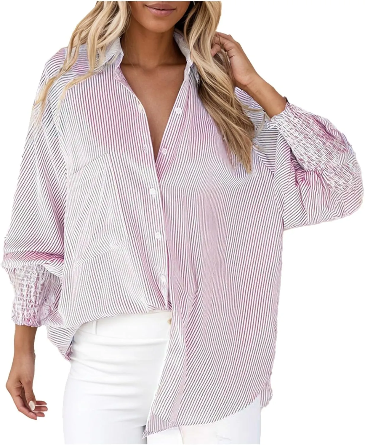 Elvessa Shirts, Stripe Blouse with Pockets - Womens Smocked Cuffed Striped Boyfriend Shirt, Button Down Tshirt Blouse