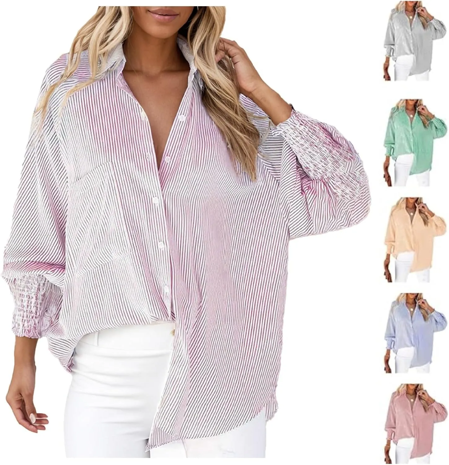 Elvessa Stripe Blouse with Pockets for Women Women's Smocked Cuffed Striped Button Down Shirt Casual Boyfriend Blouse
