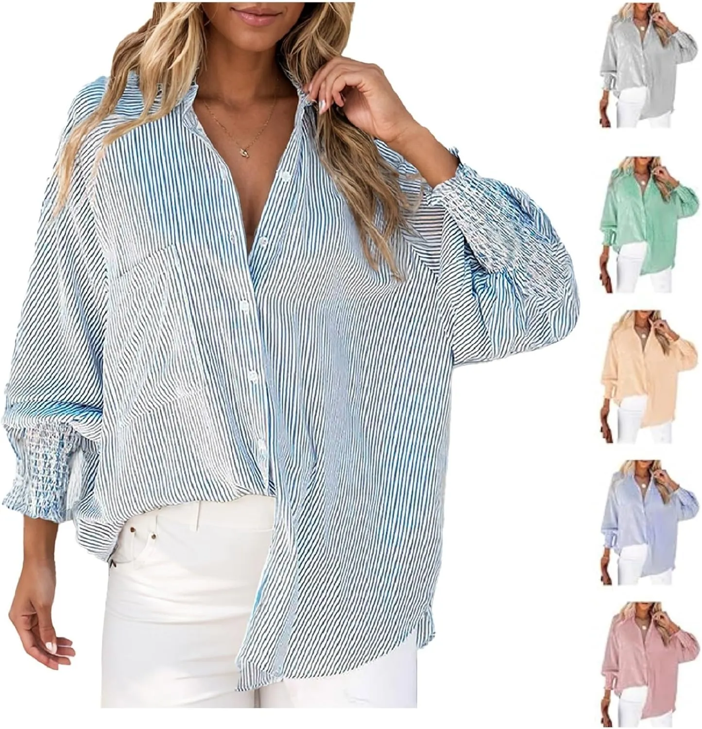 Elvessa Stripe Blouse with Pockets for Women Women's Smocked Cuffed Striped Button Down Shirt Casual Boyfriend Blouse