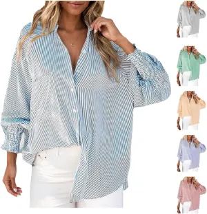 Elvessa Stripe Blouse with Pockets for Women Women's Smocked Cuffed Striped Button Down Shirt Casual Boyfriend Blouse