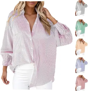 Elvessa Stripe Blouse with Pockets for Women Women's Smocked Cuffed Striped Button Down Shirt Casual Boyfriend Blouse