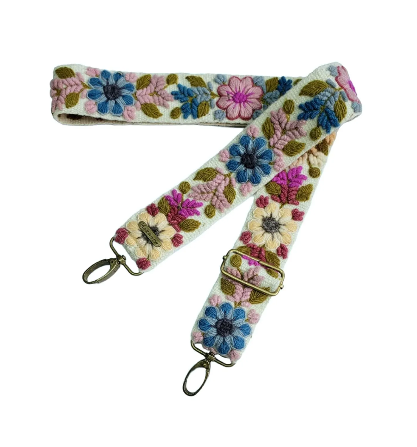 Embroidered bag strap, camera strap, adjustable bag, shoulder bag, peruvian handmade, ivory belt, colorful flower, ethnic, boho, gift for her (Silver)