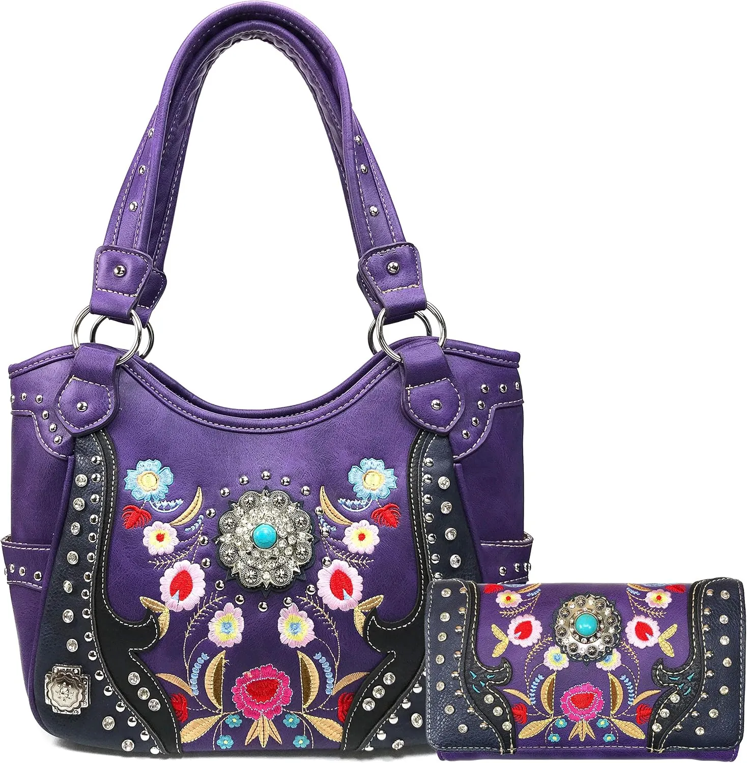 Embroidered Floral Laser Cut Turquoise Rhinestone Concho Concealed Carry Tote Hobo Purse Wallet Set