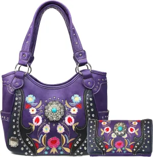 Embroidered Floral Laser Cut Turquoise Rhinestone Concho Concealed Carry Tote Hobo Purse Wallet Set
