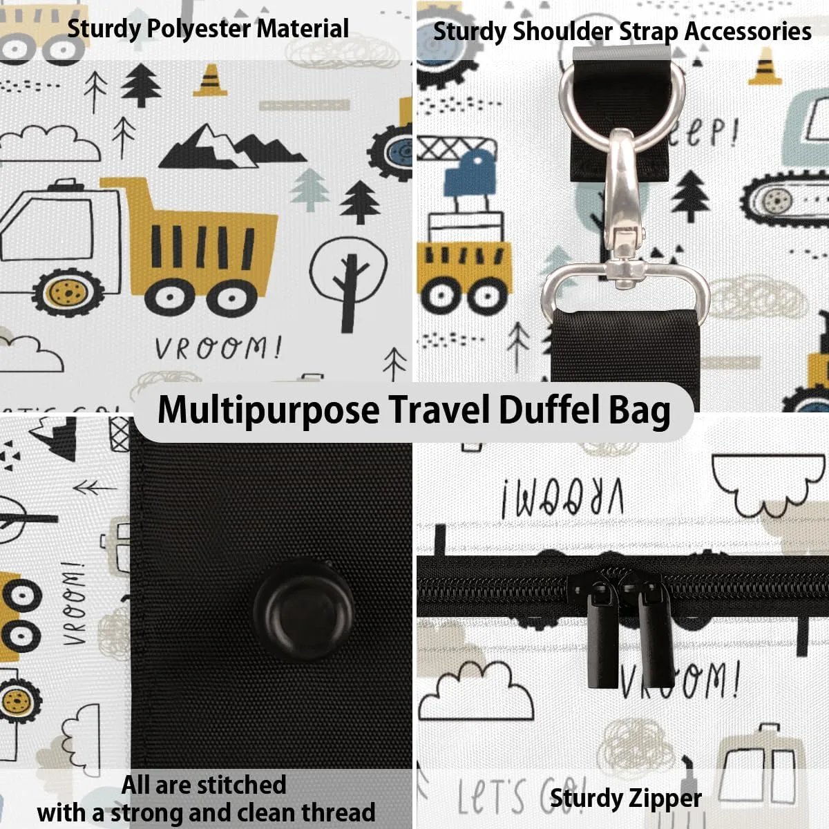 Engineering Vehicles Excavator Travel Duffle Bag, Sports Gym Bags for Women Men, Carry On Weekender Overnight Workout Airplane Trips Bag