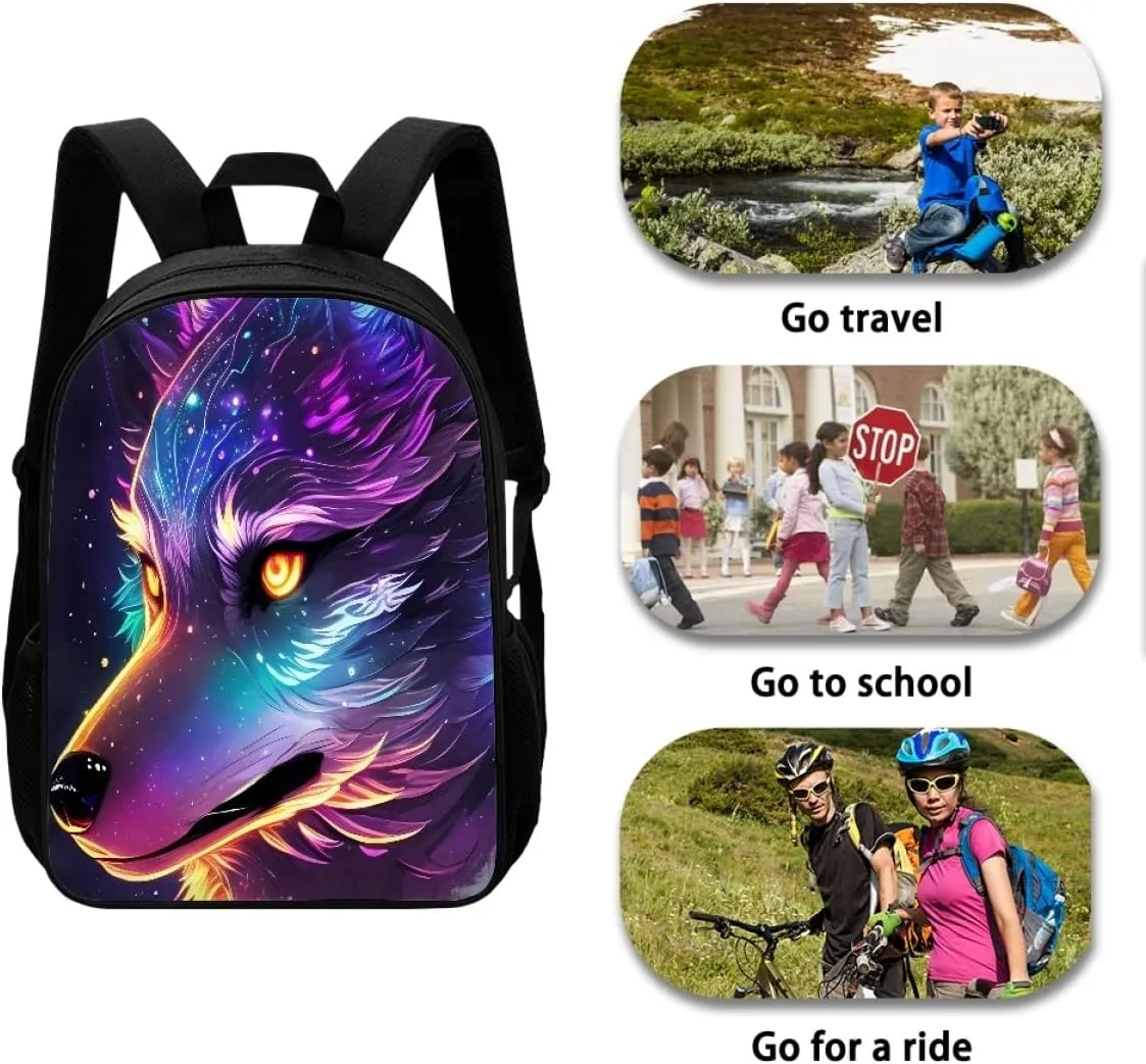 ENLACHIC Kids Cool 3D Purple Sparkle Wolf Print Backpacks for School Travel Bookbag School Bag Laptop Backpack Casual Daypack