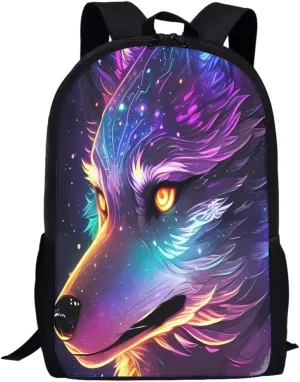ENLACHIC Kids Cool 3D Purple Sparkle Wolf Print Backpacks for School Travel Bookbag School Bag Laptop Backpack Casual Daypack