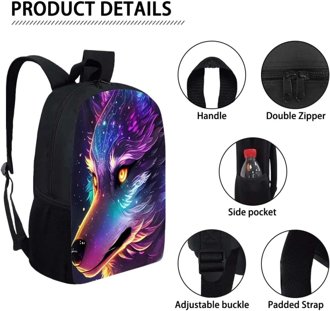 ENLACHIC Kids Cool 3D Purple Sparkle Wolf Print Backpacks for School Travel Bookbag School Bag Laptop Backpack Casual Daypack