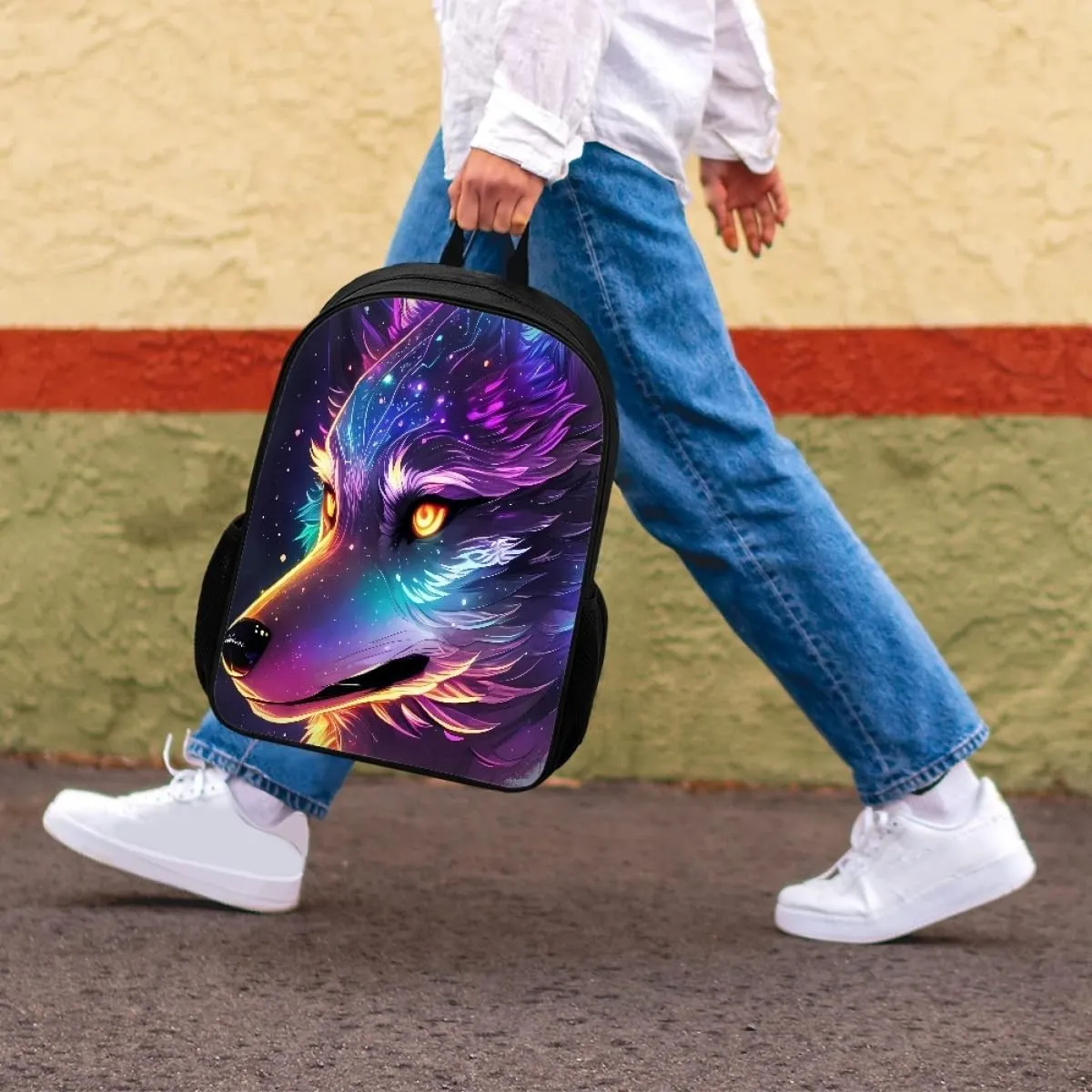 ENLACHIC Kids Cool 3D Purple Sparkle Wolf Print Backpacks for School Travel Bookbag School Bag Laptop Backpack Casual Daypack