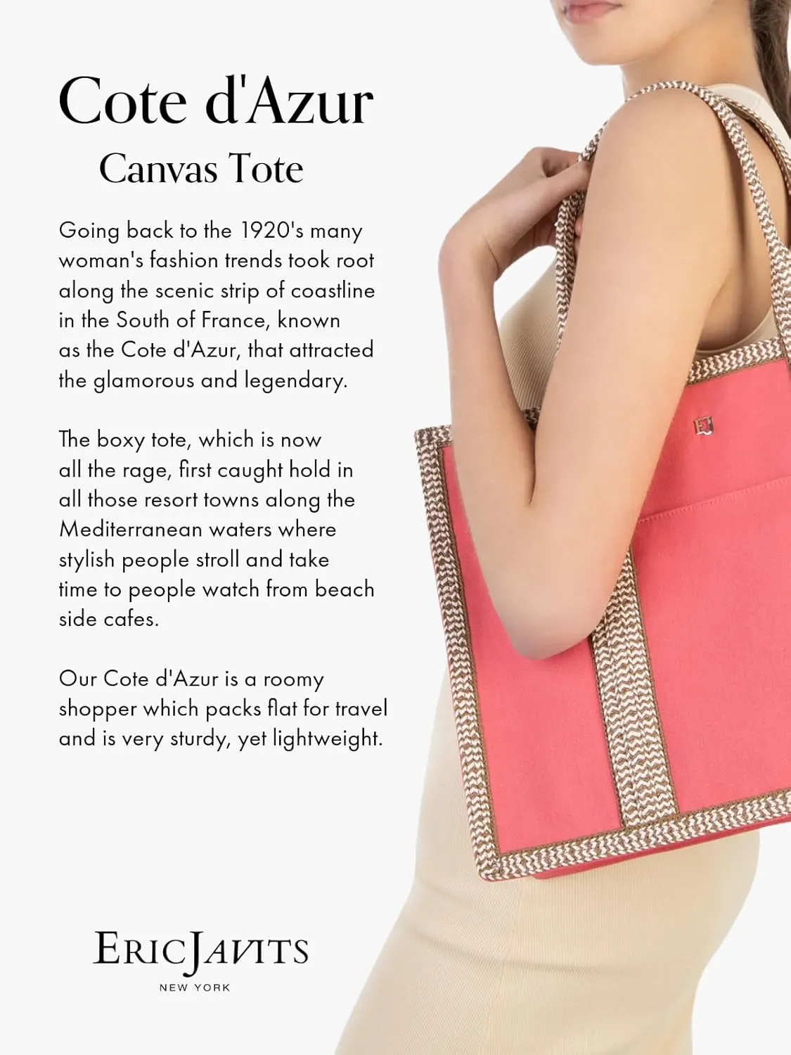 Eric Javits Cote D'Azur Tote Bag - Canvas & Squishee Straw Beach Bags for Women with Zip Pouch & 3 Outer Pockets