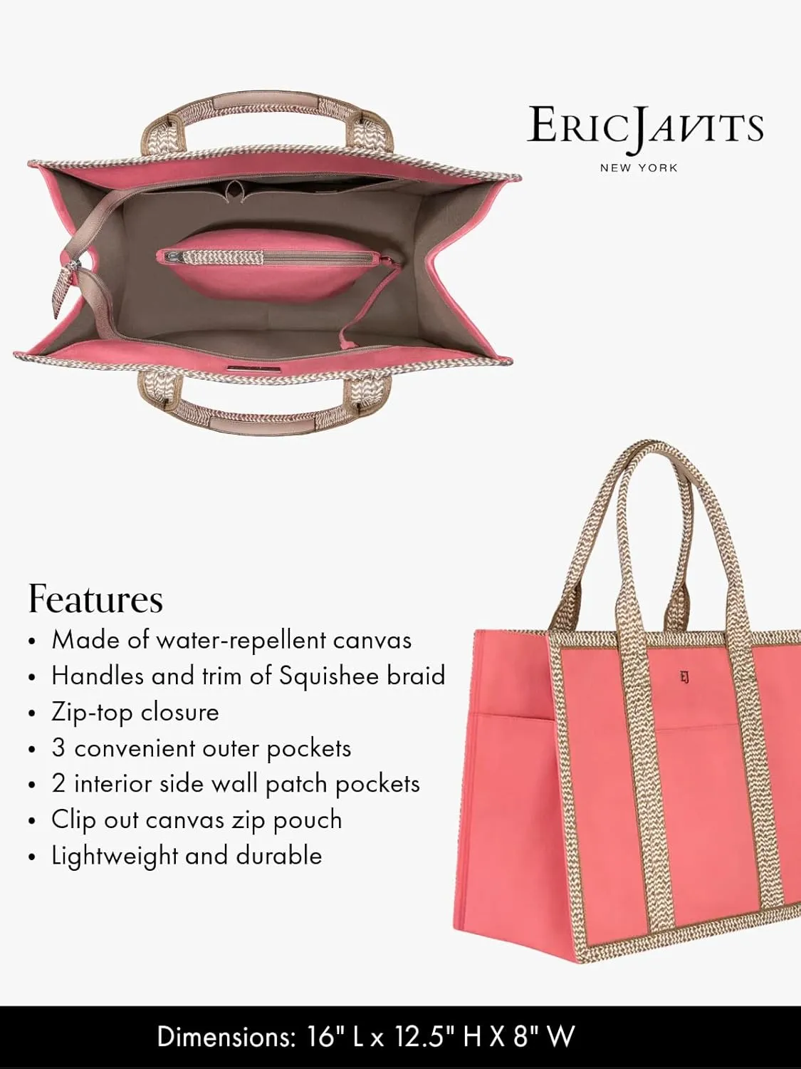 Eric Javits Cote D'Azur Tote Bag - Canvas & Squishee Straw Beach Bags for Women with Zip Pouch & 3 Outer Pockets