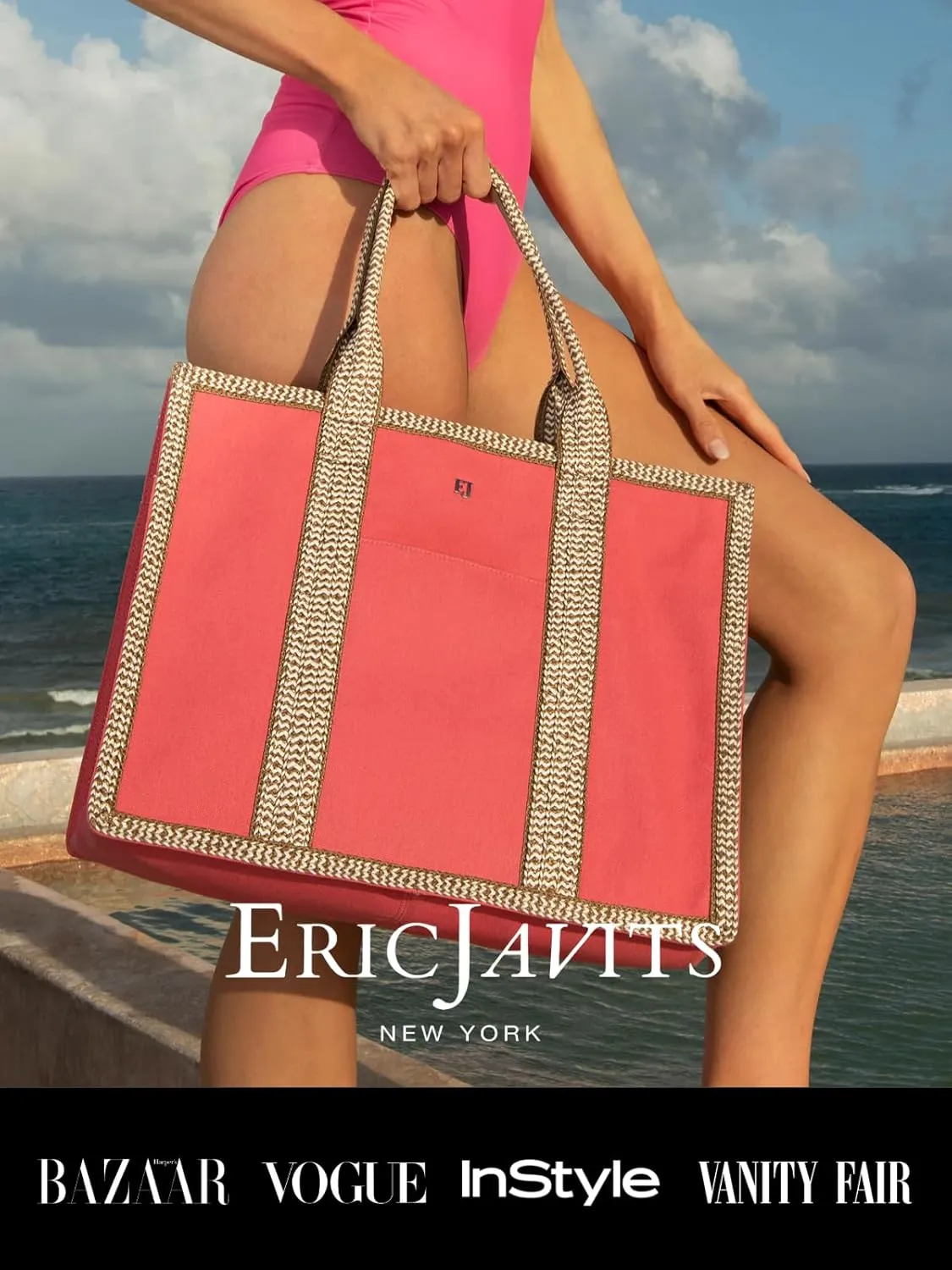 Eric Javits Cote D'Azur Tote Bag - Canvas & Squishee Straw Beach Bags for Women with Zip Pouch & 3 Outer Pockets