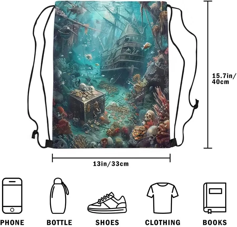 Erosebridal Pirate Ship Drawstring Bags,Nautical Sailboat Drawstring Backpack 13x15.7 for Sport Gym Swim Yoga Camping Trip,Sail Boat Sailing Draw String Back Bag,Teal Ocean Marine String Backpack