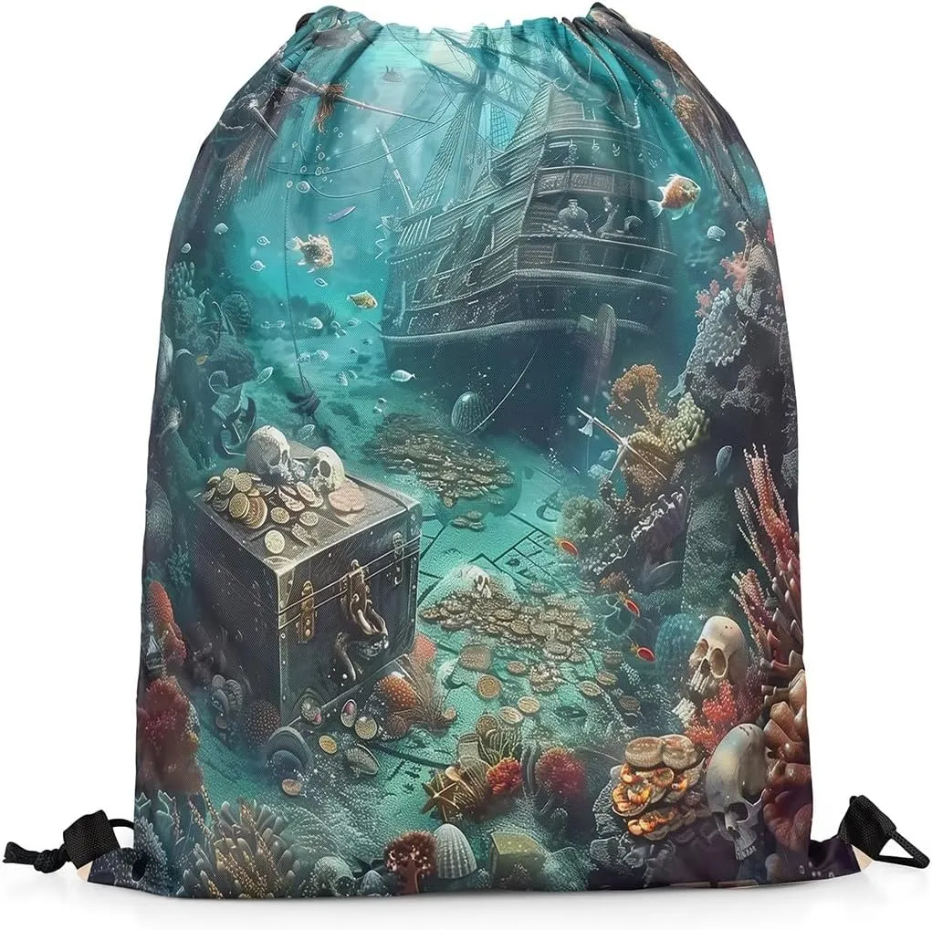 Erosebridal Pirate Ship Drawstring Bags,Nautical Sailboat Drawstring Backpack 13x15.7 for Sport Gym Swim Yoga Camping Trip,Sail Boat Sailing Draw String Back Bag,Teal Ocean Marine String Backpack