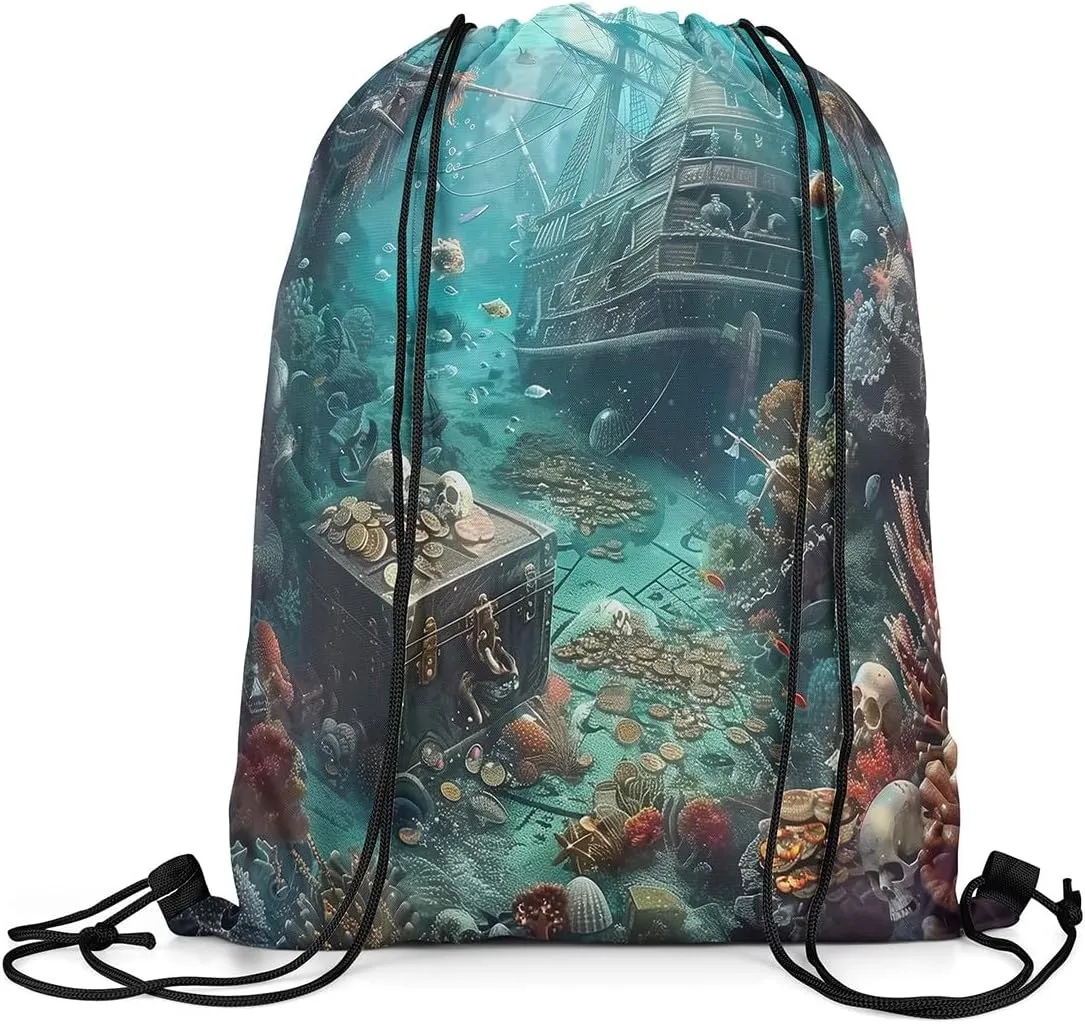 Erosebridal Pirate Ship Drawstring Bags,Nautical Sailboat Drawstring Backpack 13x15.7 for Sport Gym Swim Yoga Camping Trip,Sail Boat Sailing Draw String Back Bag,Teal Ocean Marine String Backpack