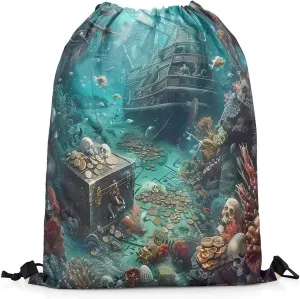 Erosebridal Pirate Ship Drawstring Bags,Nautical Sailboat Drawstring Backpack 13x15.7 for Sport Gym Swim Yoga Camping Trip,Sail Boat Sailing Draw String Back Bag,Teal Ocean Marine String Backpack