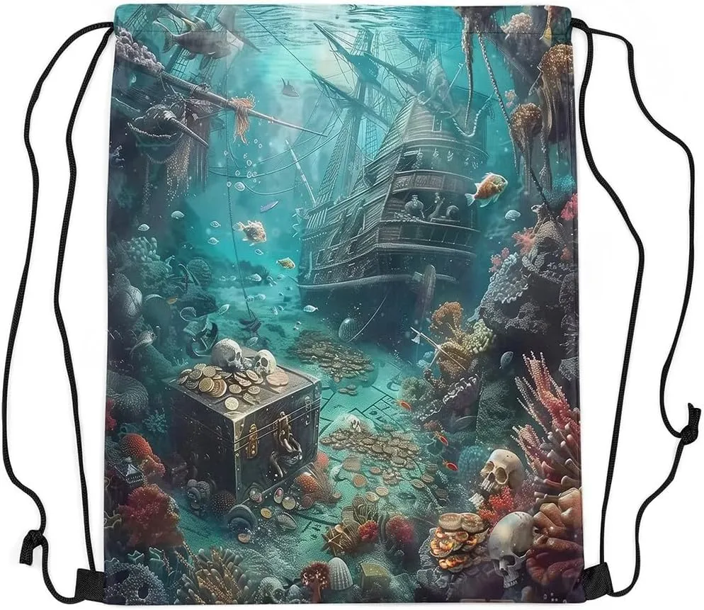 Erosebridal Pirate Ship Drawstring Bags,Nautical Sailboat Drawstring Backpack 13x15.7 for Sport Gym Swim Yoga Camping Trip,Sail Boat Sailing Draw String Back Bag,Teal Ocean Marine String Backpack