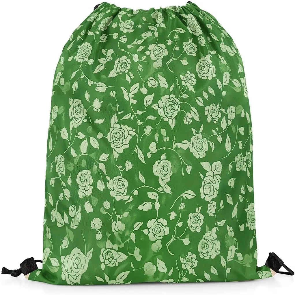 Erosebridal Retro Floral Drawstring Backpack 13x15.7,Botanical Flower Drawstring Bags,Natural Rose Blosssom Draw String Back Bag,Garden Branches Leaves String Backpack,Jade Green