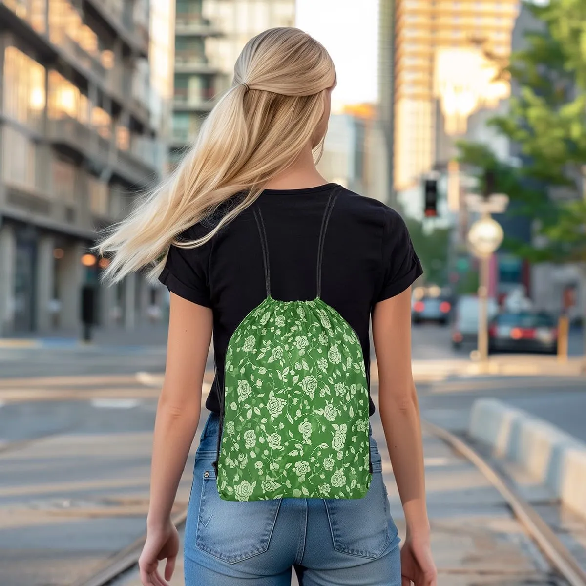 Erosebridal Retro Floral Drawstring Backpack 13x15.7,Botanical Flower Drawstring Bags,Natural Rose Blosssom Draw String Back Bag,Garden Branches Leaves String Backpack,Jade Green