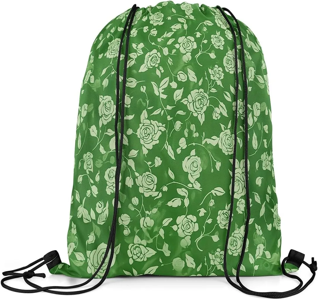 Erosebridal Retro Floral Drawstring Backpack 13x15.7,Botanical Flower Drawstring Bags,Natural Rose Blosssom Draw String Back Bag,Garden Branches Leaves String Backpack,Jade Green
