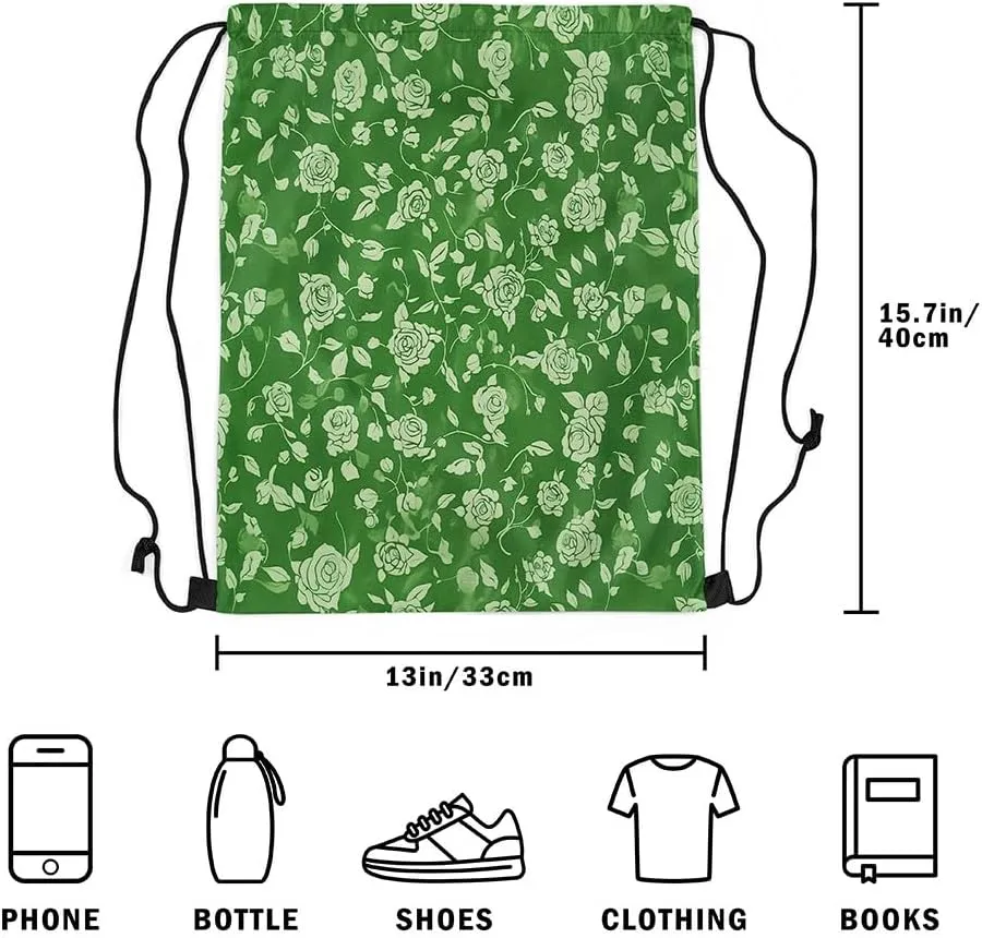 Erosebridal Retro Floral Drawstring Backpack 13x15.7,Botanical Flower Drawstring Bags,Natural Rose Blosssom Draw String Back Bag,Garden Branches Leaves String Backpack,Jade Green