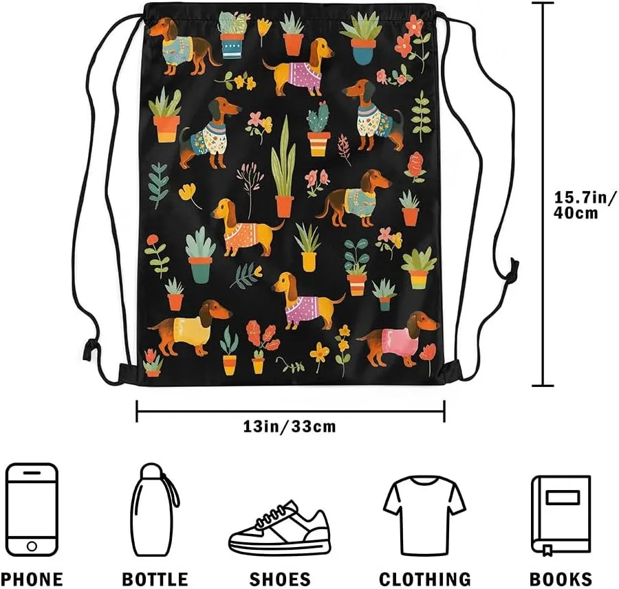 Erosebridal Sausage Dog Drawstring Backpack,Dachshund Drawstring Bags,Kawaii Dog Draw String Back Bag,Colorful Flower Floral String Backpack,13x15.7