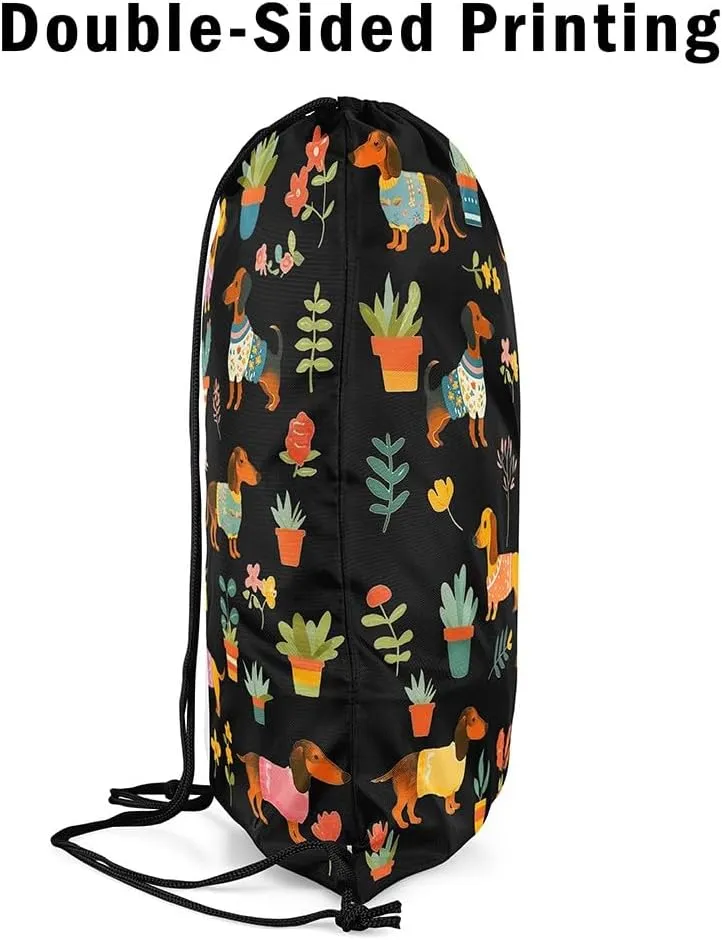 Erosebridal Sausage Dog Drawstring Backpack,Dachshund Drawstring Bags,Kawaii Dog Draw String Back Bag,Colorful Flower Floral String Backpack,13x15.7