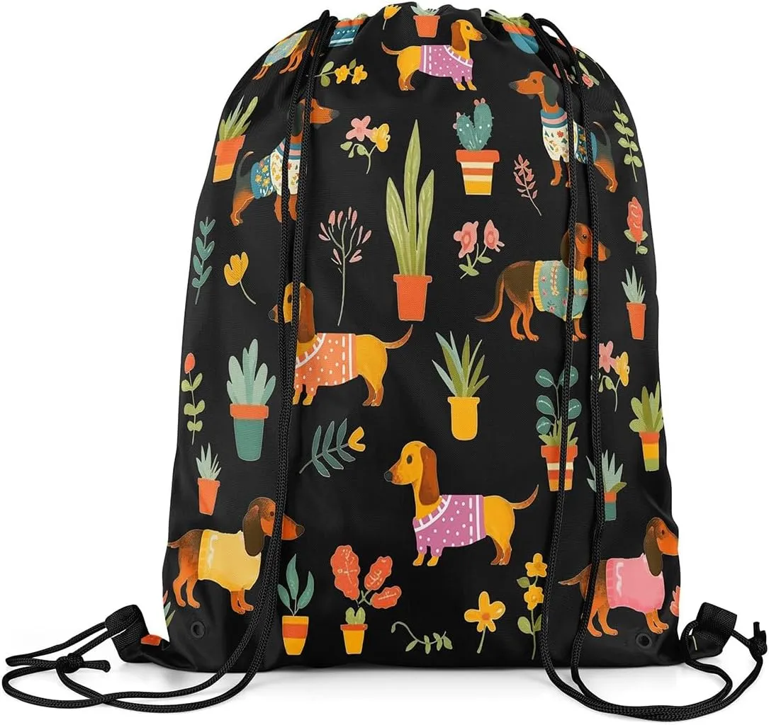Erosebridal Sausage Dog Drawstring Backpack,Dachshund Drawstring Bags,Kawaii Dog Draw String Back Bag,Colorful Flower Floral String Backpack,13x15.7