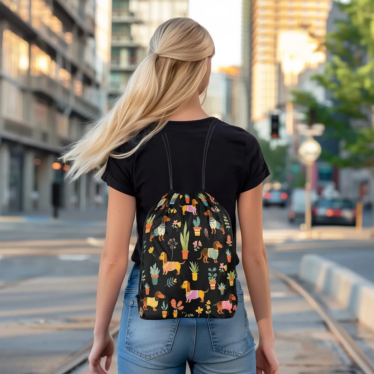 Erosebridal Sausage Dog Drawstring Backpack,Dachshund Drawstring Bags,Kawaii Dog Draw String Back Bag,Colorful Flower Floral String Backpack,13x15.7