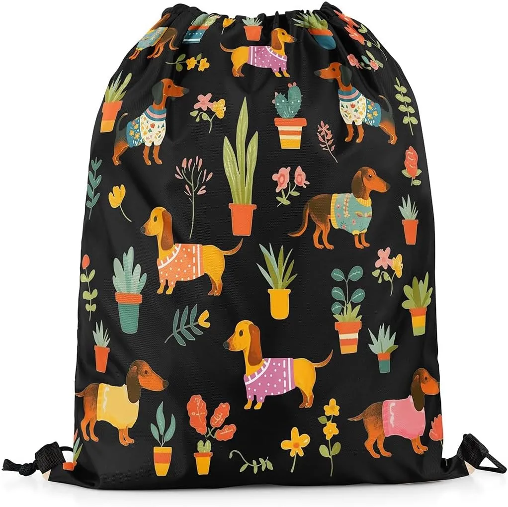 Erosebridal Sausage Dog Drawstring Backpack,Dachshund Drawstring Bags,Kawaii Dog Draw String Back Bag,Colorful Flower Floral String Backpack,13x15.7
