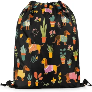 Erosebridal Sausage Dog Drawstring Backpack,Dachshund Drawstring Bags,Kawaii Dog Draw String Back Bag,Colorful Flower Floral String Backpack,13x15.7