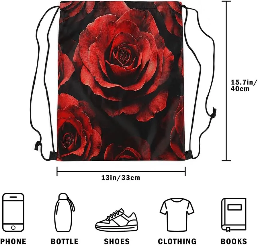 Erosebridal Spiral Roses Foldable Draw String Back Bag for Swim Yoga,Red Black Romantic Floral Drawstring Backpack for Sport Gym,Valentine Drawstring Bags,Flower String Backpack,13x15.7