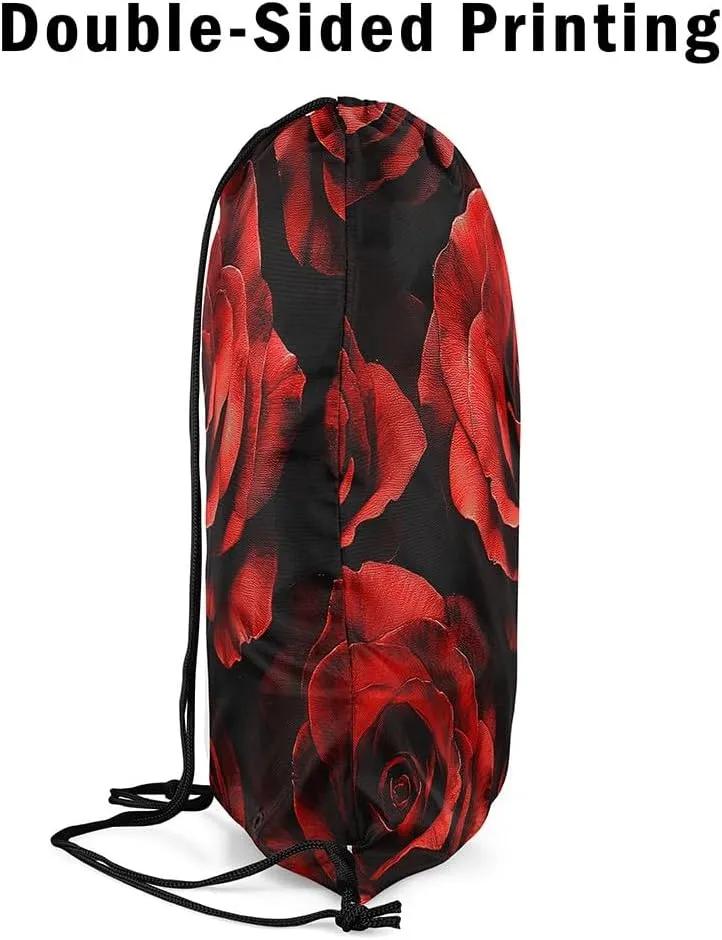 Erosebridal Spiral Roses Foldable Draw String Back Bag for Swim Yoga,Red Black Romantic Floral Drawstring Backpack for Sport Gym,Valentine Drawstring Bags,Flower String Backpack,13x15.7