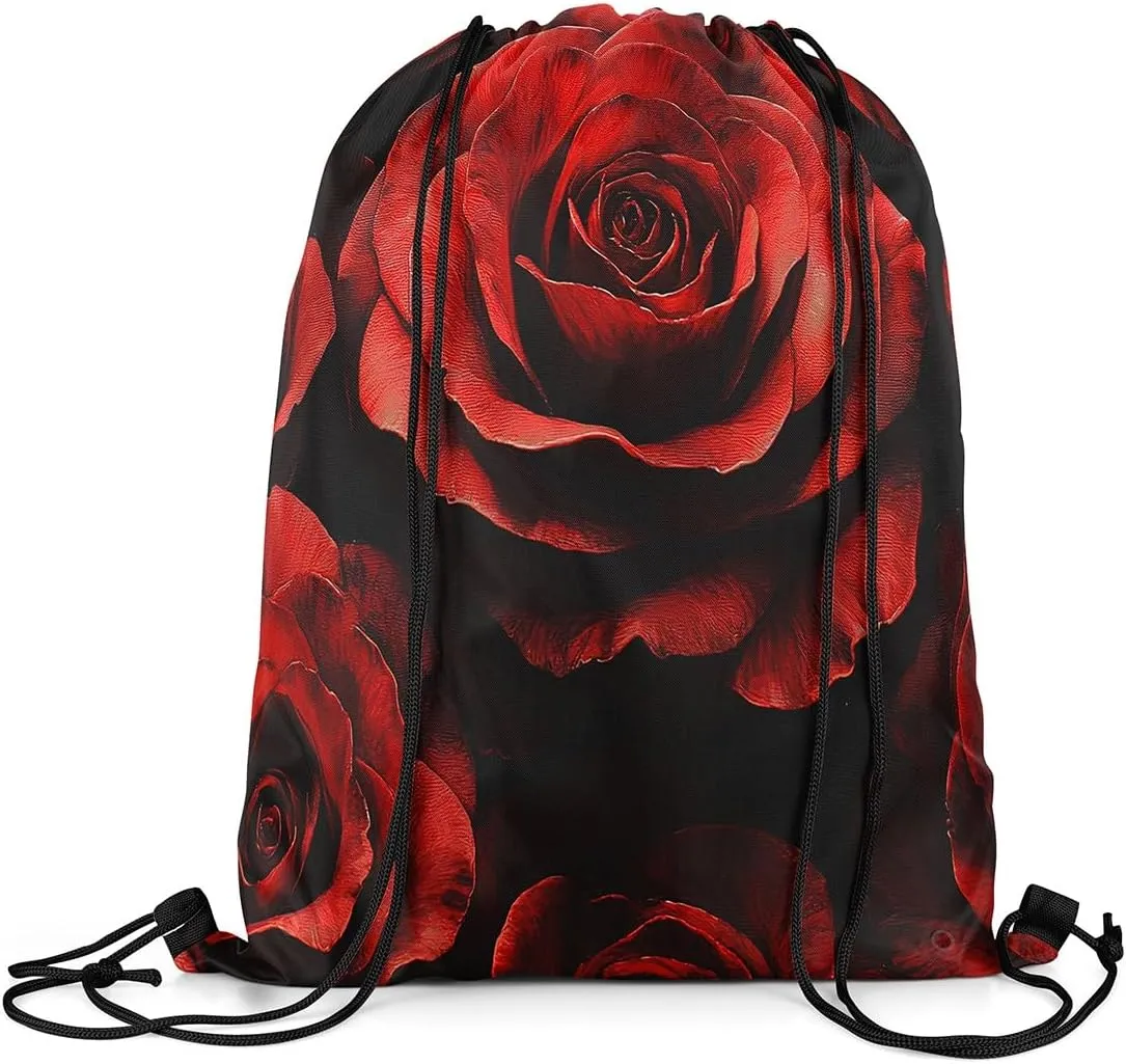 Erosebridal Spiral Roses Foldable Draw String Back Bag for Swim Yoga,Red Black Romantic Floral Drawstring Backpack for Sport Gym,Valentine Drawstring Bags,Flower String Backpack,13x15.7