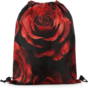 Erosebridal Spiral Roses Foldable Draw String Back Bag for Swim Yoga,Red Black Romantic Floral Drawstring Backpack for Sport Gym,Valentine Drawstring Bags,Flower String Backpack,13x15.7