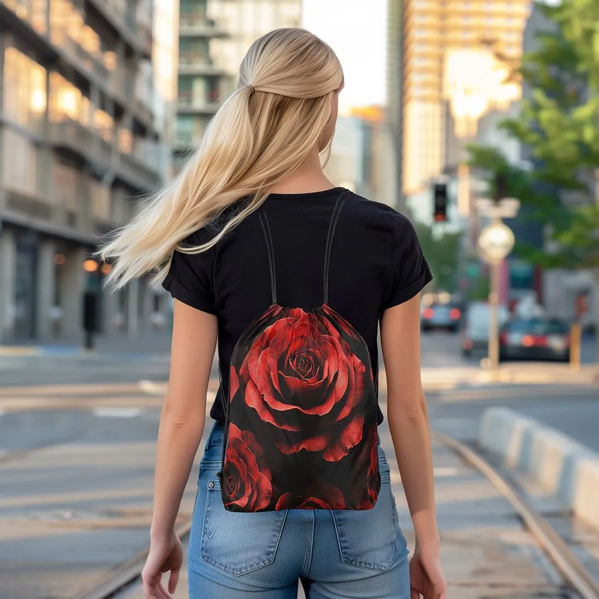 Erosebridal Spiral Roses Foldable Draw String Back Bag for Swim Yoga,Red Black Romantic Floral Drawstring Backpack for Sport Gym,Valentine Drawstring Bags,Flower String Backpack,13x15.7