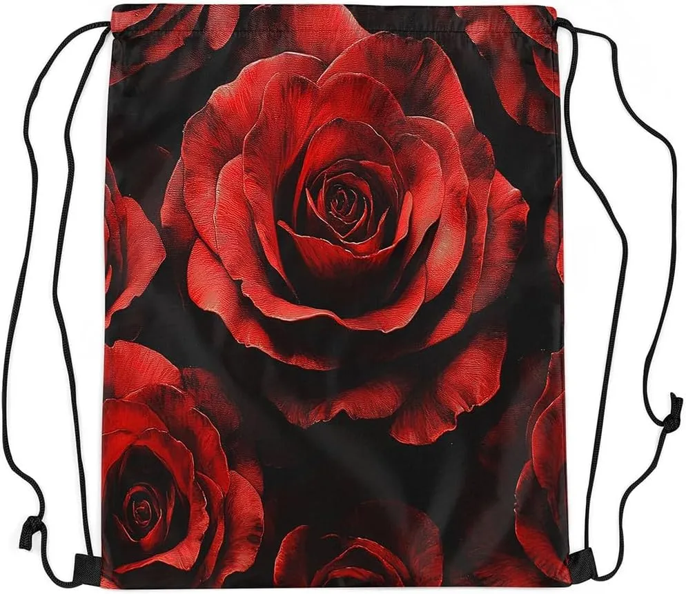 Erosebridal Spiral Roses Foldable Draw String Back Bag for Swim Yoga,Red Black Romantic Floral Drawstring Backpack for Sport Gym,Valentine Drawstring Bags,Flower String Backpack,13x15.7