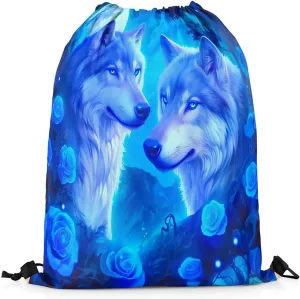 Erosebridal Wolf Drawstring Backpack,Blue Rose Romantic Floral Draw String Back Bag,Wolves Couple Wildlife String Backpack,Rose Animal Print Drawstring Bags,13x15.7