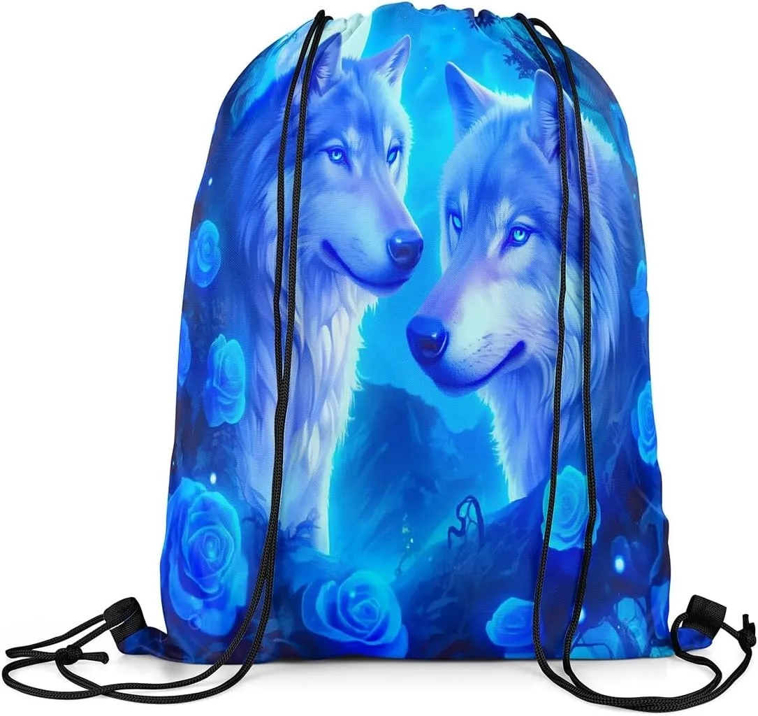 Erosebridal Wolf Drawstring Backpack,Blue Rose Romantic Floral Draw String Back Bag,Wolves Couple Wildlife String Backpack,Rose Animal Print Drawstring Bags,13x15.7