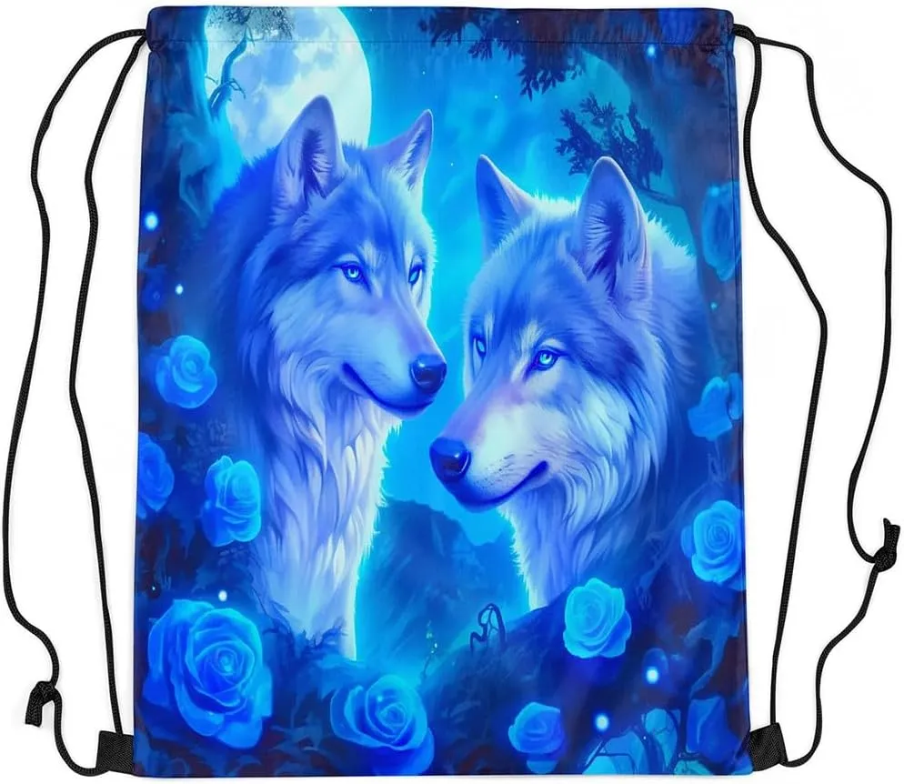 Erosebridal Wolf Drawstring Backpack,Blue Rose Romantic Floral Draw String Back Bag,Wolves Couple Wildlife String Backpack,Rose Animal Print Drawstring Bags,13x15.7