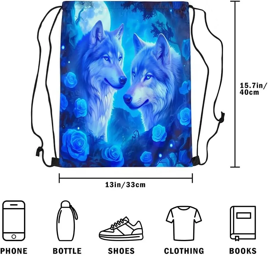 Erosebridal Wolf Drawstring Backpack,Blue Rose Romantic Floral Draw String Back Bag,Wolves Couple Wildlife String Backpack,Rose Animal Print Drawstring Bags,13x15.7