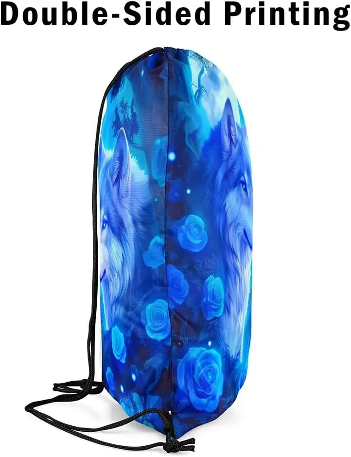 Erosebridal Wolf Drawstring Backpack,Blue Rose Romantic Floral Draw String Back Bag,Wolves Couple Wildlife String Backpack,Rose Animal Print Drawstring Bags,13x15.7