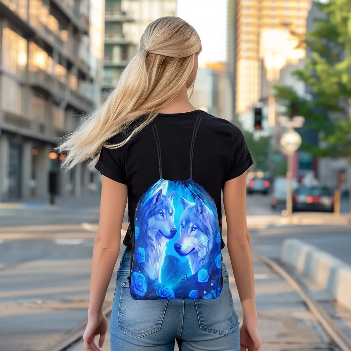 Erosebridal Wolf Drawstring Backpack,Blue Rose Romantic Floral Draw String Back Bag,Wolves Couple Wildlife String Backpack,Rose Animal Print Drawstring Bags,13x15.7