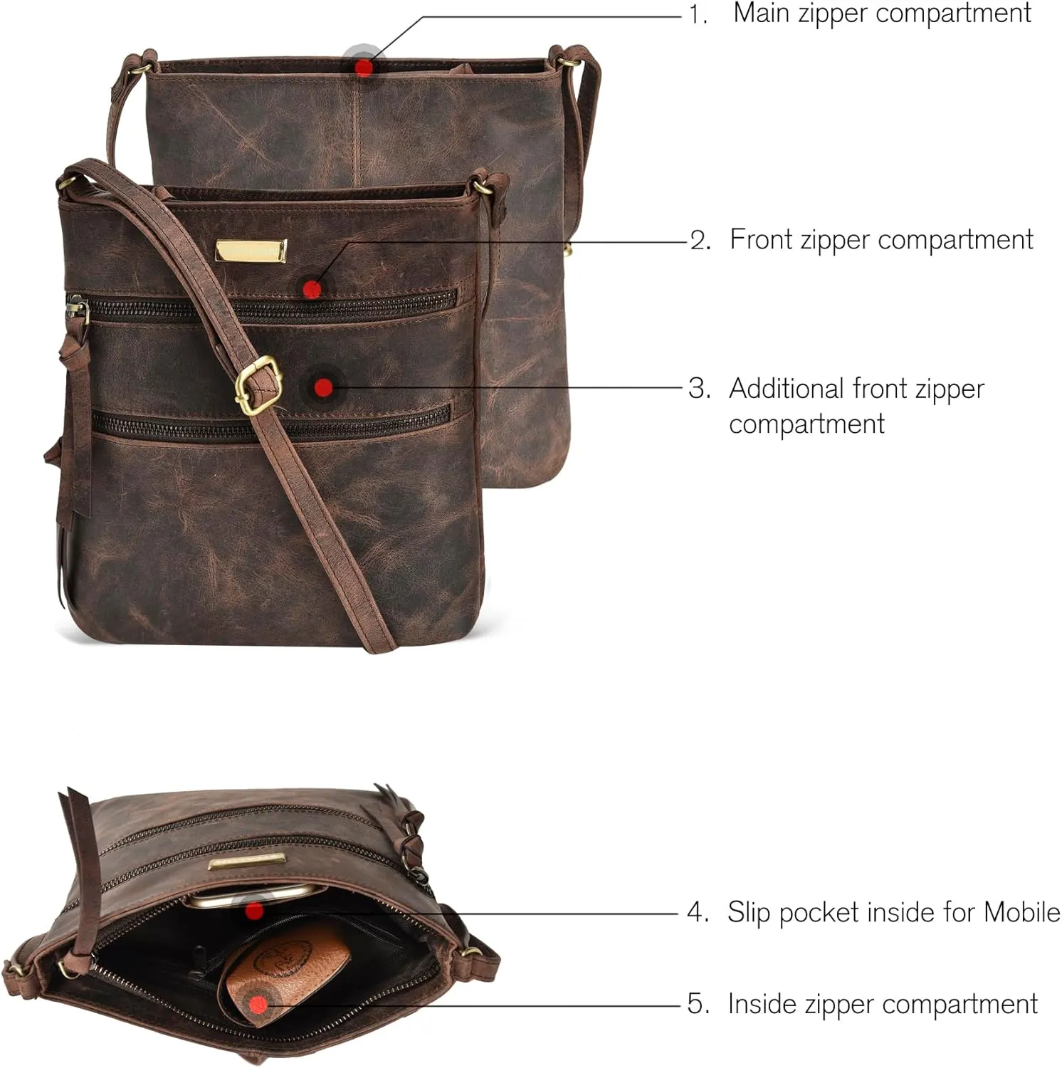 ESTALON Women's Genuine Leather Crossbody Bag With Adjustable Sling Strap - Medium Size Crossover Shoulder Purse