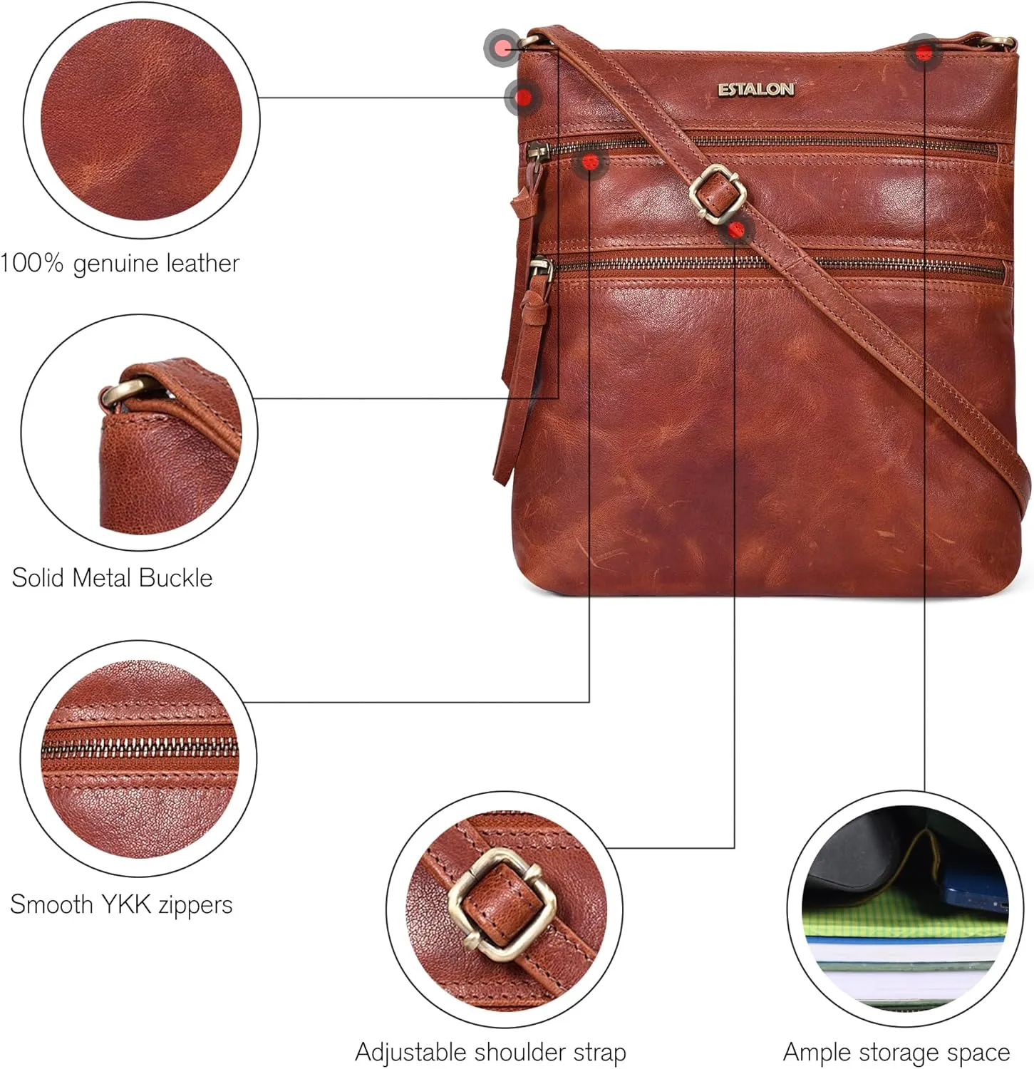 ESTALON Women's Genuine Leather Crossbody Bag With Adjustable Sling Strap - Medium Size Crossover Shoulder Purse