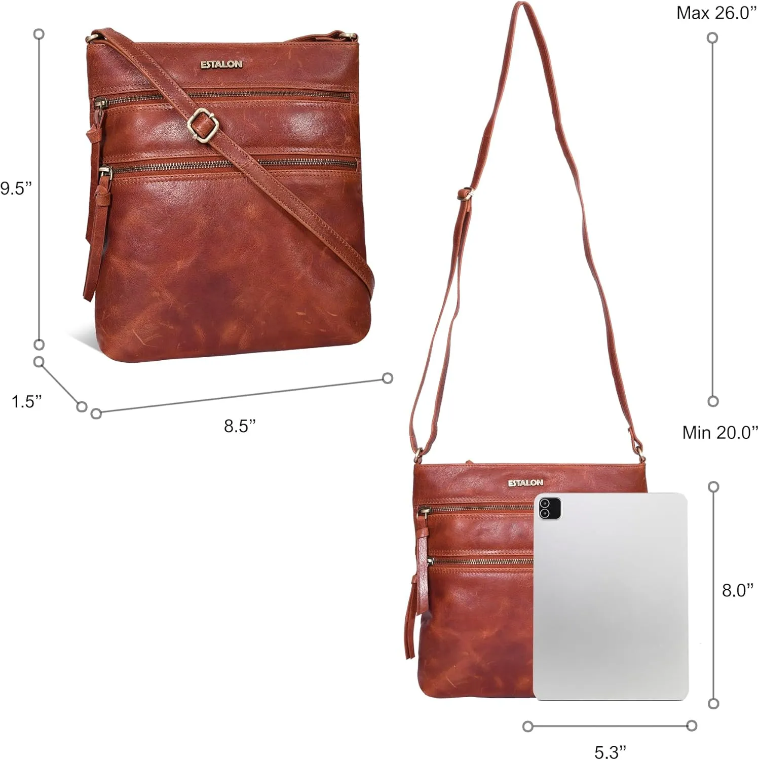 ESTALON Women's Genuine Leather Crossbody Bag With Adjustable Sling Strap - Medium Size Crossover Shoulder Purse