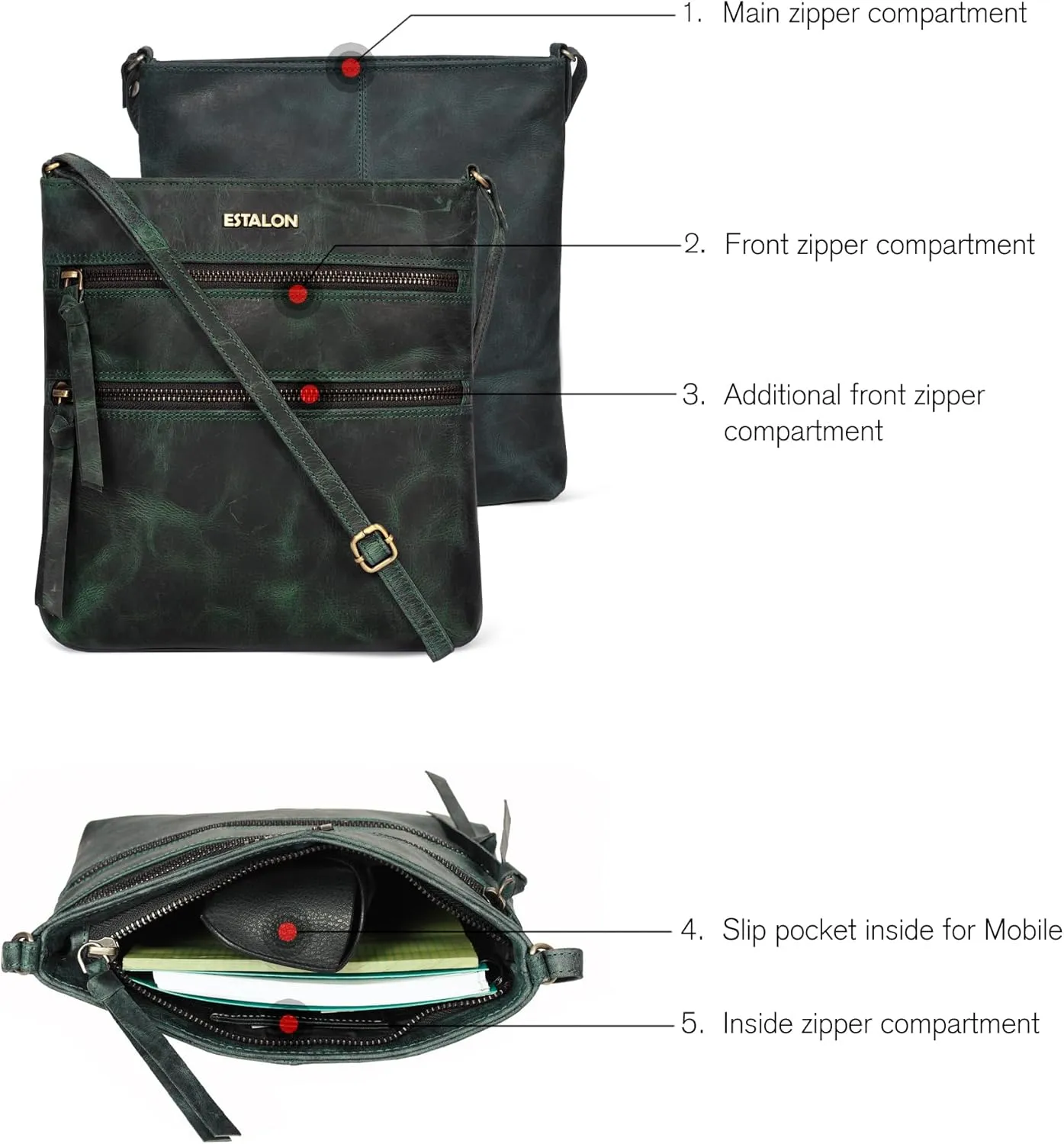 ESTALON Women's Genuine Leather Crossbody Bag With Adjustable Sling Strap - Medium Size Crossover Shoulder Purse