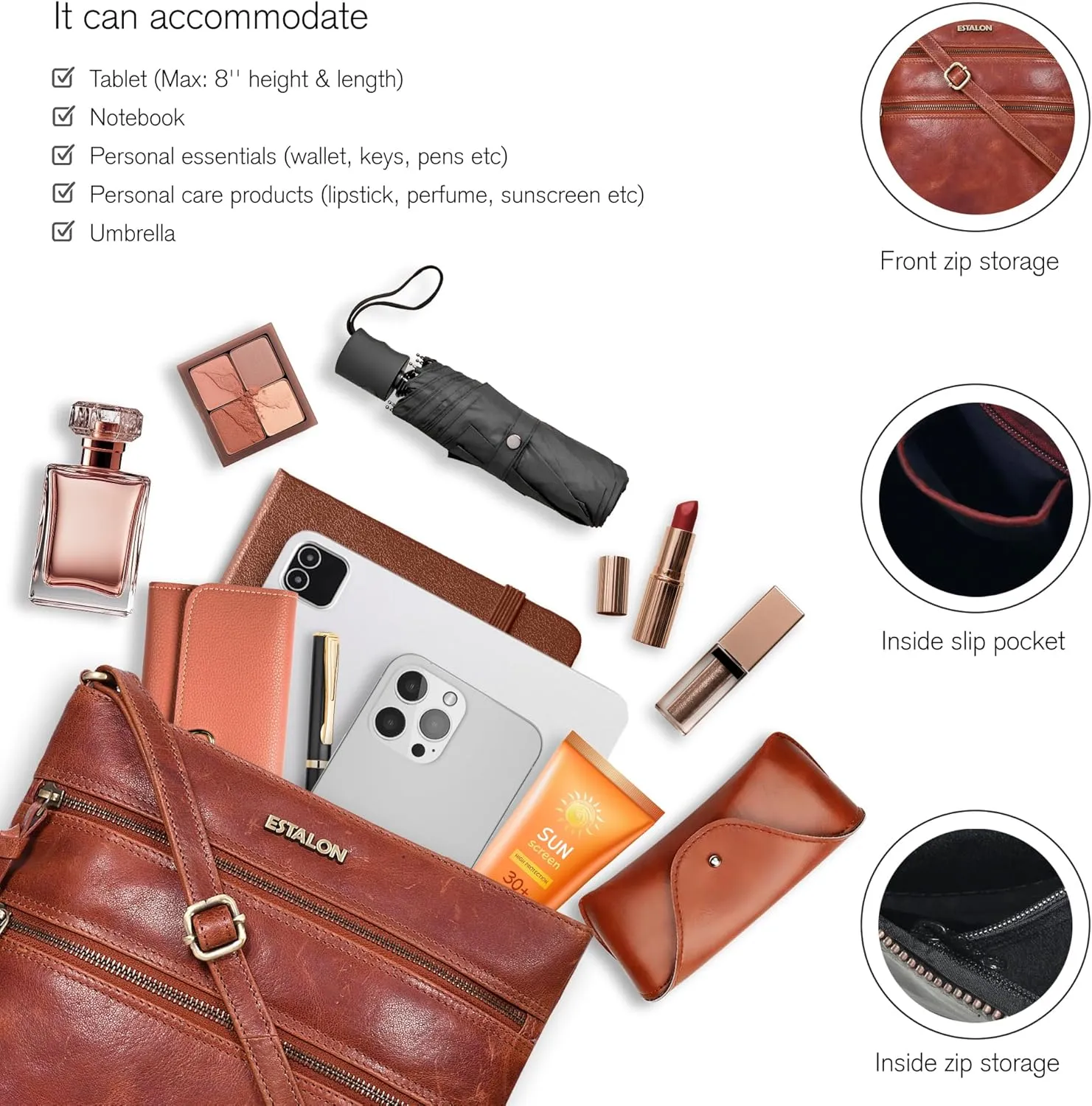 ESTALON Women's Genuine Leather Crossbody Bag With Adjustable Sling Strap - Medium Size Crossover Shoulder Purse